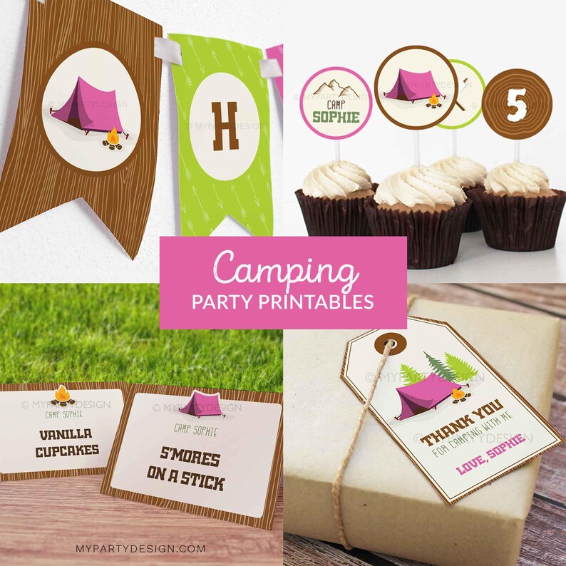 May include: A collection of camping-themed party printables. Includes a banner with a tent and campfire, cupcake toppers, food labels, and a gift tag. The text "Camping PARTY PRINTABLES" is displayed in pink.