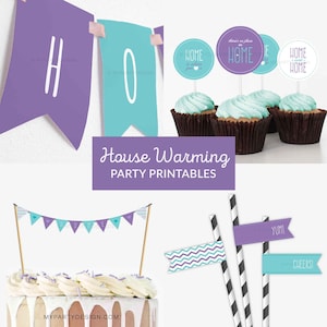 K&ouml;nnte beinhalten: Eine Collage von Druckvorlagen f&uuml;r eine Einweihungsparty. Enth&auml;lt ein lila und t&uuml;rkisfarbenes Banner mit der Aufschrift "HO", Cupcake-Topper, einen Kuchen mit einem Banner und dekorative Strohhalme mit F&auml;hnchen. Der Text "House Warming Party Printables" ist ebenfalls sichtbar.