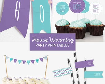 House Warming Decorations, House Warming Party Pack, Purple Turquoise - INSTANT DOWNLOAD - Printable PDF with Editable Textions