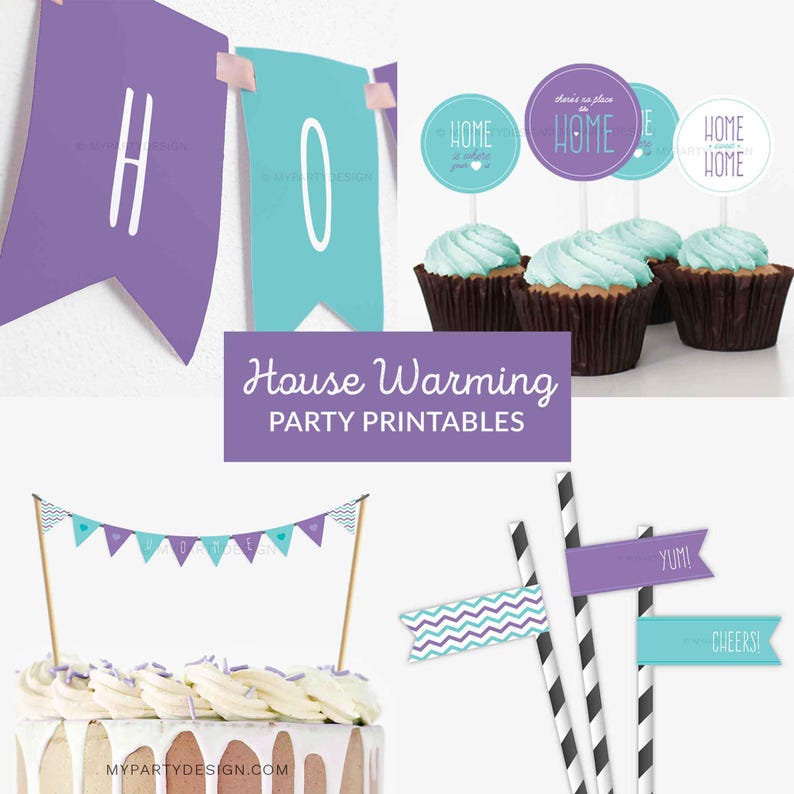 K&ouml;nnte beinhalten: Eine Collage von Druckvorlagen f&uuml;r eine Einweihungsparty. Enth&auml;lt ein lila und t&uuml;rkisfarbenes Banner mit der Aufschrift "HO", Cupcake-Topper, einen Kuchen mit einem Banner und dekorative Strohhalme mit F&auml;hnchen. Der Text "House Warming Party Printables" ist ebenfalls sichtbar.