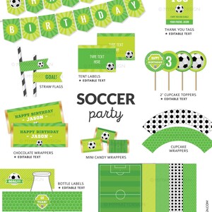 May include: A soccer-themed party supplies set with a banner that reads "HAPPY BIRTHDAY", cupcake toppers, candy wrappers, and coordinating papers. The design features soccer balls and a green and white color scheme. Includes editable text options.