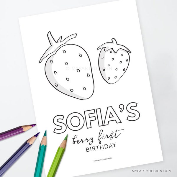 Strawberry Party Coloring Page, Berry First Birthday Activity, Summer Fruit Party Decor - INSTANT DOWNLOAD - Printable Editable PDF