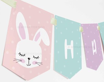 Banner de cumpleaños de conejito, decoraciones para fiesta de conejito de Pascua, fiesta de conejito pequeño - DESCARGA INSTANTÁNEA - PDF imprimible con texto editable
