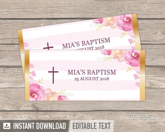 Baptism / Christening Chocolate Wrappers - Party Favors - Floral Watercolor - INSTANT DOWNLOAD - Printable PDF with Editable Text (BT01) Il_570xn