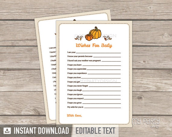 Wishes for Baby Card - Little Pumpkin Baby Shower - Fall Neutral - Baby Shower Game - INSTANT DOWNLOAD - Printable PDF with Editable Text Il_570xn