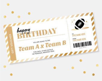 May include: A white and gold gift voucher with a football design. The voucher says "happy birthday" and "You are going to see Team A x Team B".