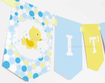 Rubber Duck Banner, Ducky Baby Shower Bunting, Gender Neutral Party Decorations - INSTANT DOWNLOAD - Printable PDF with Editable Text