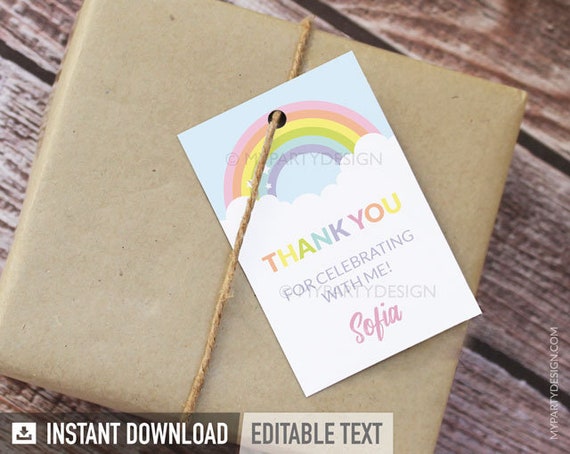 Rainbow Thank You Tags, Rainbow Party Favor Label, Pastel Rainbow Birthday Decorations - INSTANT DOWNLOAD - Printable PDF with Editable Text Il_570xn