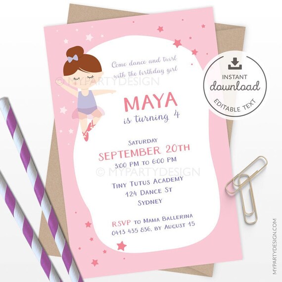 Ballerina Birthday Invitation, Ballet Dance Party Invite for Girl, Pink - INSTANT DOWNLOAD - Printable PDF with Editable Text Il_570xn