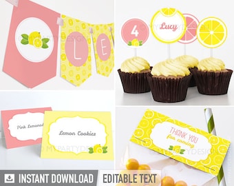 Lemonade Birthday Decorations, Pink Lemonade Party Pack, Girl Birthday Party Printables - INSTANT DOWNLOAD - Printable Editable PDF