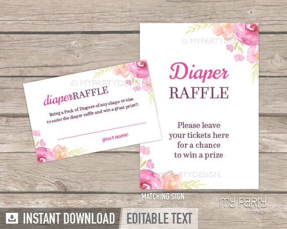 Diaper Raffle Tickets and Sign - Floral Baby Shower - Floral Watercolor - INSTANT DOWNLOAD - Printable PDF with Editable Text (BB04) Il_570xn