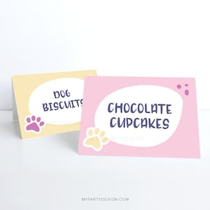 Puppy Party Tent Labels, Pink Puppy Birthday Food Labels, Adoption Pawty Place cards for Girl - INSTANT DOWNLOAD - Printable Editable PDF