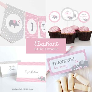 Elephant Baby Shower Decorations, Elephant Party Pack, Pink Girl BabyShower Decorations Kit - INSTANT DOWNLOAD - Printable Editable PDF image 1