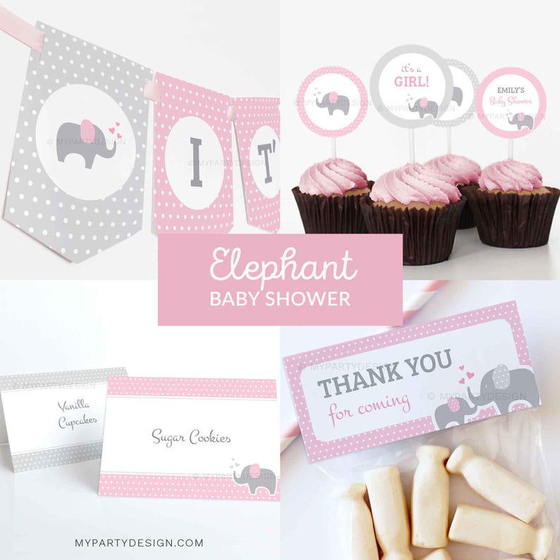 Elephant Baby Shower Decorations, Elephant Party Pack, Pink Girl BabyShower Decorations Kit - INSTANT DOWNLOAD - Printable Editable PDF image 1
