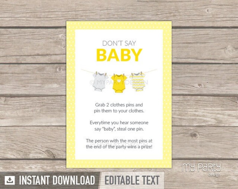 Don't say Baby Game Sign, Yellow Baby Shower, bodysuit theme, BabyShower Game INSTANT DOWNLOAD Printable PDF with Editable Text image 1