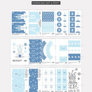 May include: Printable PDF files with a winter theme. The design includes banners, cupcake wrappers, stickers, and thank you tags. The color scheme is light blue and white, with snowflake and castle illustrations. Text includes "DOWNLOAD, EDIT & PRINT!" and "innie is 3!"