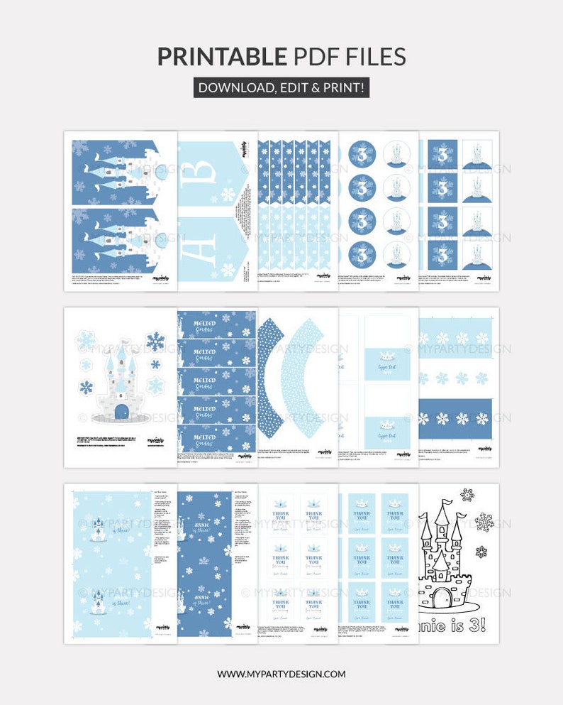 May include: Printable PDF files with a winter theme. The design includes banners, cupcake wrappers, stickers, and thank you tags. The color scheme is light blue and white, with snowflake and castle illustrations. Text includes "DOWNLOAD, EDIT & PRINT!" and "innie is 3!"