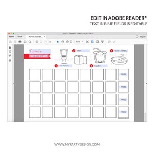 May include: A digital potty training chart template, editable in Adobe Reader. The chart includes spaces for tracking progress, with illustrations of a toilet, toilet paper, a flushing toilet, and a sink. Text includes "Name's Potty Chart".