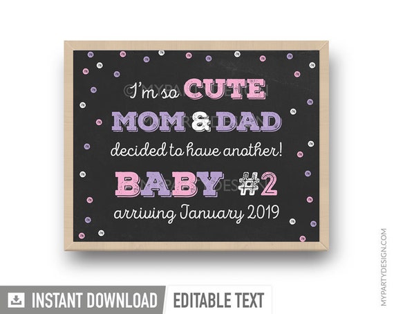 Second Pregnancy Announcement, Baby Reveal Sign, Baby 2 Chalkboard Photo Prop - INSTANT DOWNLOAD - Printable PDF with Editable Text (AN02H) Il_570xn