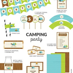 May include: A collection of camping-themed party supplies, including a banner, cupcake toppers, straw flags, chocolate wrappers, bottle labels, tent labels, mini candy wrappers, coordinating papers, a scavenger hunt, and thank you tags. The design features a tent and campfire.