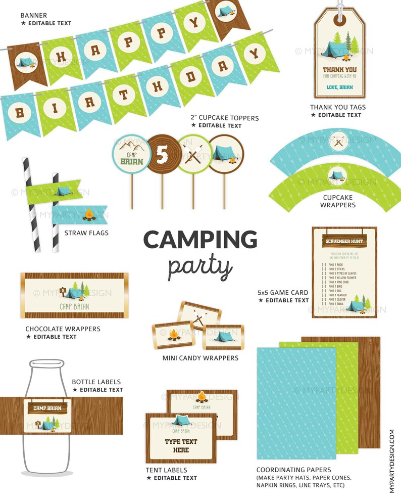 May include: A collection of camping-themed party supplies, including a banner, cupcake toppers, straw flags, chocolate wrappers, bottle labels, tent labels, mini candy wrappers, coordinating papers, a scavenger hunt, and thank you tags. The design features a tent and campfire.