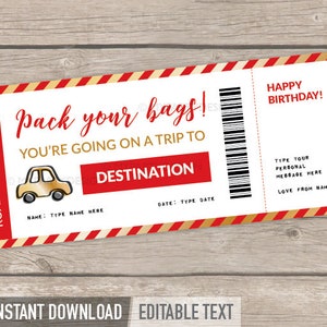 Boleto de viaje por carretera, plantilla de tarjeta de embarque imprimible, vale de viaje de regalo de vacaciones de cumpleaños sorpresa - DESCARGA INSTANTE - PDF editable