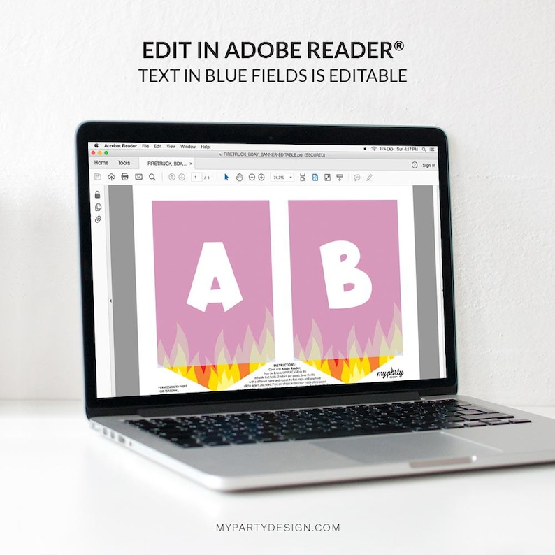 Puede incluir: Una pantalla de ordenador que muestra una pancarta imprimible con las letras A y B en blanco sobre un fondo rosa con llamas amarillas y naranjas. El texto "EDIT IN ADOBE READER&reg;" y "TEXT IN BLUE FIELDS IS EDITABLE" se muestra encima de la pancarta. El texto "FIRETRUCK BANNER EDITABLE.pdf" se muestra en la esquina superior derecha de la pantalla.