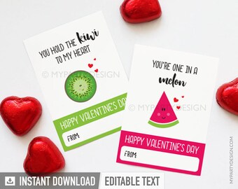 Valentines Cards for Kids, Kiwi Melon Lunchbox Notes, Classroom Valentine's Day Gift Tag - INSTANT DOWNLOAD - Printable Editable PDF
