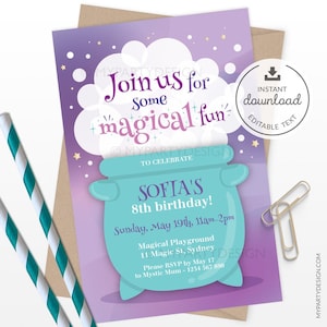 Puede incluir: Una invitación de cumpleaños morada y turquesa con un caldero y estrellas. El texto dice "¡Únete a nosotros para un poco de diversión mágica para celebrar el octavo cumpleaños de Sofía! Domingo 19 de mayo, de 11:00 a 14:00. Parque infantil mágico, 11 Magic St, Sydney. Por favor, confirma tu asistencia antes del 17 de mayo a Mystic Mum - 1254 567 890."