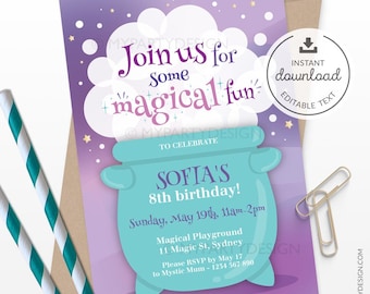 Magic Potion Birthday Invitation, Enchanted Lab, Magical Wizard Witches Party Invite - INSTANT DOWNLOAD - Printable PDF with Editable Text
