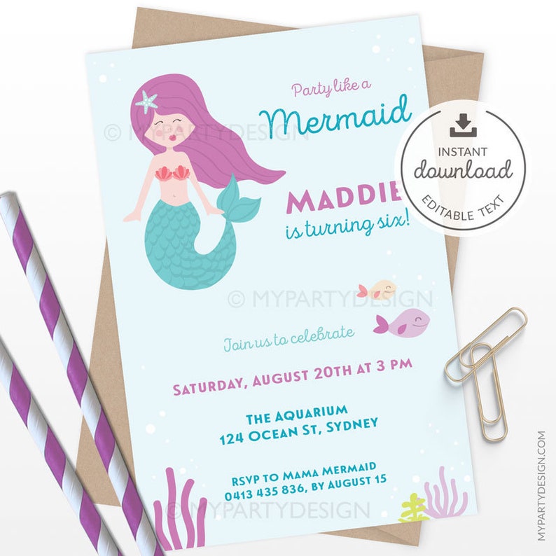 Mermaid Birthday Invitation, Mermaid Printables, Mermaid Party Invite, Girl Birthday INSTANT DOWNLOAD Printable Editable PDF image 1
