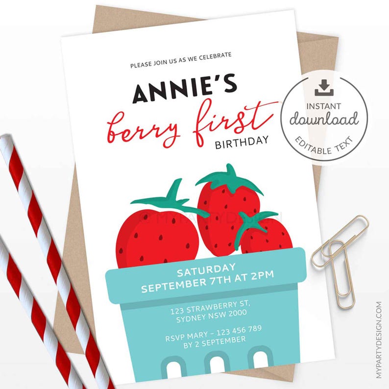 Pu&ograve; includere: Un invito stampabile per una festa di primo compleanno a tema fragola. L'invito presenta un cestino di fragole blu e bianco con tre fragole rosse. Il testo sull'invito recita "Annie's Berry First Birthday".