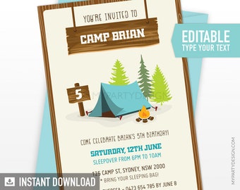 Camping Birthday Invitation, Campout Party Invite, Boy Sleepover Camping Invitation, Glamping - INSTANT DOWNLOAD - Printable Editable PDF