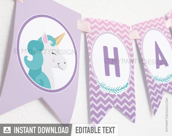 unicorn birthday banner unicorn party decorations bunting decor pastel purple instant download printable pdf with editable text by my party design catch my party