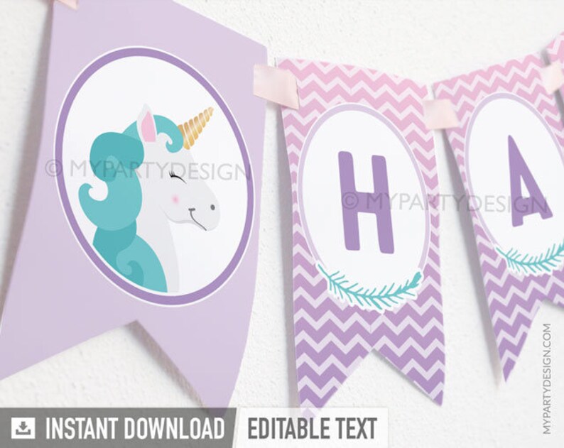 Unicorn Party Decorations Printable PDF with Editable Text Bunting Decor Unicorn Birthday Banner INSTANT DOWNLOAD Pastel Purple