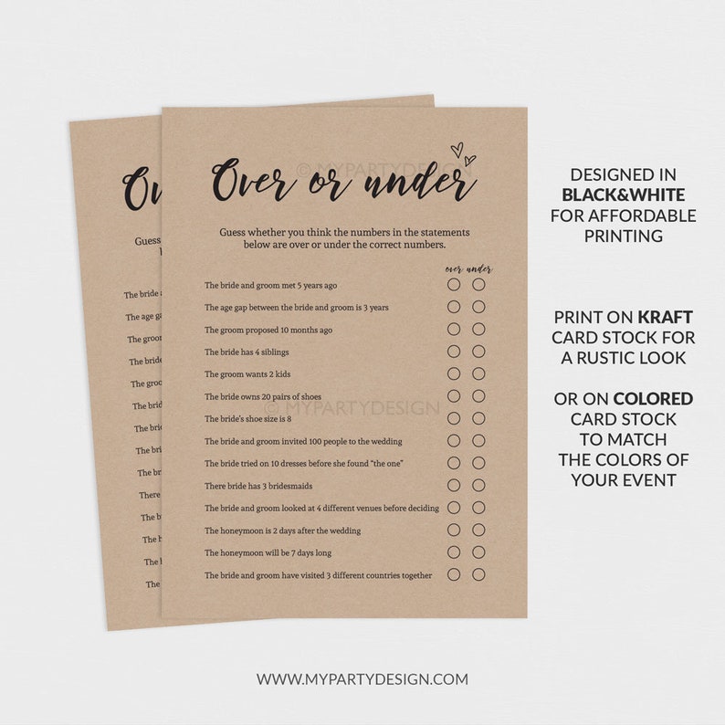 Over or Under Game Bridal Shower Wedding Game Bachelorette - Etsy