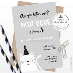 Cat Birthday Invitation, Kitty Cat Party Invite, Kitten Birthday Party - INSTANT DOWNLOAD - Printable PDF with Editable Text (catA)