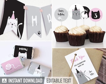 Cat Birthday Decorations, Kitty Cat Party Pack, Kitten Birthday Decor - INSTANT DOWNLOAD - Printable Editable PDF