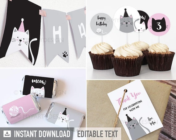 Cat Party Pack - Kitty Cat Party - Kitten Birthday Party - Black and White - INSTANT DOWNLOAD - Printable PDF with Editable Text Il_570xn