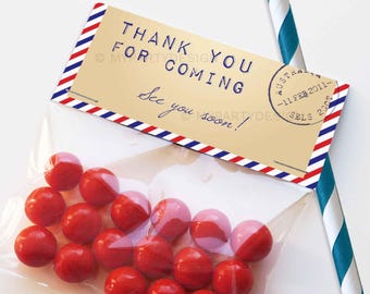 Travel Party Favors, Farewell Party Thank you Labels / Treat bag Labels - INSTANT DOWNLOAD - Printable PDF with Editable Text