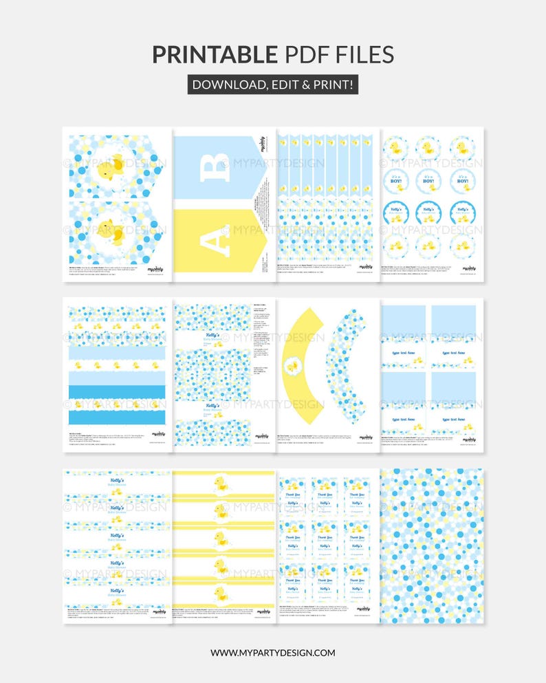 Rubber Duck Baby Shower Decorations, Rubber Ducky Party Pack, Gender Neutral Yellow Blue - INSTANT DOWNLOAD - Printable Editable PDF image 3