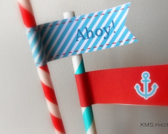 Nautical Party - Straw Flags - Red and Blue - INSTANT DOWNLOAD - Printable PDF with Editable Text