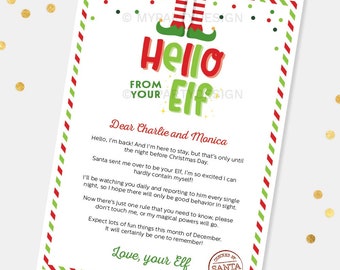 May include: A letter from an Elf, featuring the words "Hello from your Elf" in red and green. The letter includes a message to Charlie and Monica, with a festive border and a "Checked by Santa" stamp.