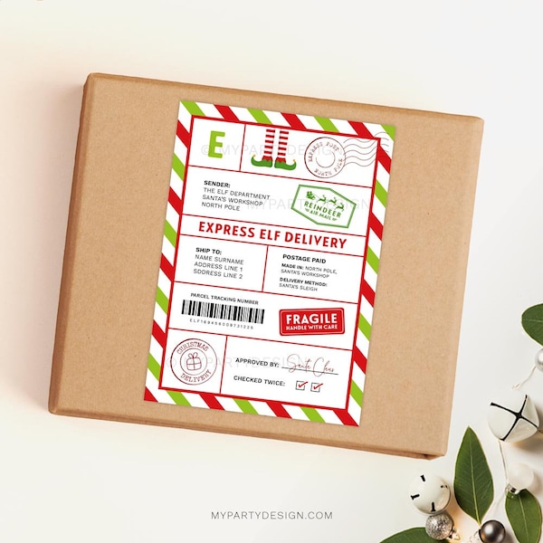 Elf Shipping Labels, Elf Mail Box Label, Express Post Delivery from North Pole, Christmas Gift - INSTANT DOWNLOAD - Printable Editable PDF