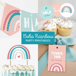 Boho Regenbogen Geburtstagsdekorationen, Rainbow Party Pack, Boho Party Kit Printables - SOFORTIGER DOWNLOAD - Druckbare bearbeitbare PDF-Datei