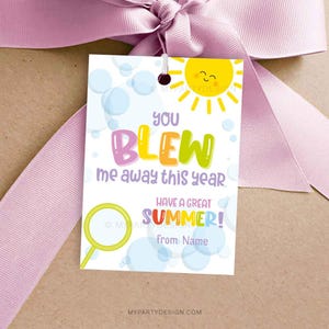 Etiqueta de verano "You Blew Me Away", regalo de burbujas de fin de año escolar de un maestro a sus estudiantes - DESCARGA INMEDIATA - PDF editable e imprimible