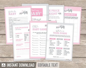 Girl Baby Shower Games Pack, Elephant BabyShower Bundle in Pink - INSTANT DOWNLOAD - Printable PDF with Editable Text