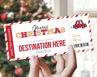 May include: A Christmas-themed road trip voucher with a red and gold border. The voucher features the text "Merry Christmas" and "Destination Here." A small red car graphic is on the right side, with space to write "To" and "From."