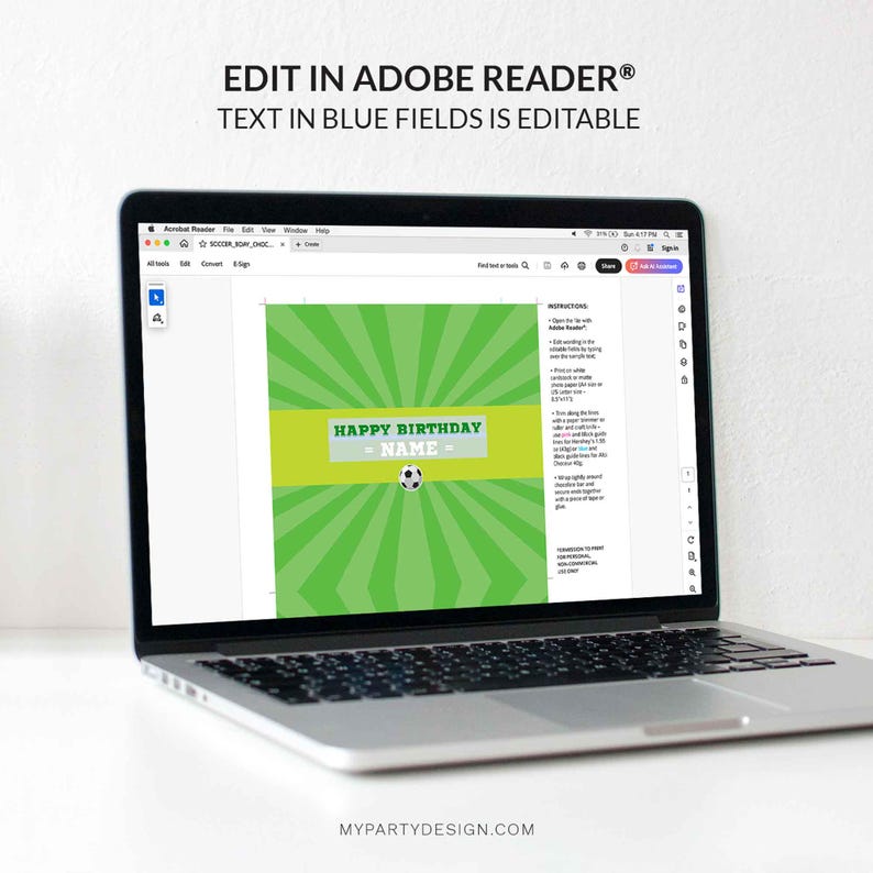 May include: A laptop displays a soccer-themed birthday card template. The design features a green background with radiating lines, a lime green banner with "HAPPY BIRTHDAY - NAME -" text, and a soccer ball graphic. The text "EDIT IN ADOBE READER" is at the top.