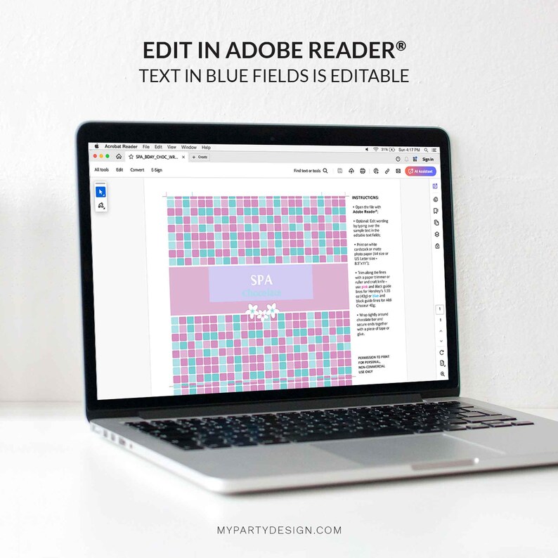 May include: A printable spa-themed gift tag with a pink and blue tiled background. The tag has a pink banner with the word "SPA" in white text. The text "EDIT IN ADOBE READER&reg; TEXT IN BLUE FIELDS IS EDITABLE" is at the top of the image.